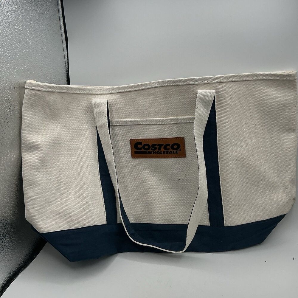 Costco Wholesale Large Canvas Tote Bag Navy Blue Cream Reusable Carryall Shopper